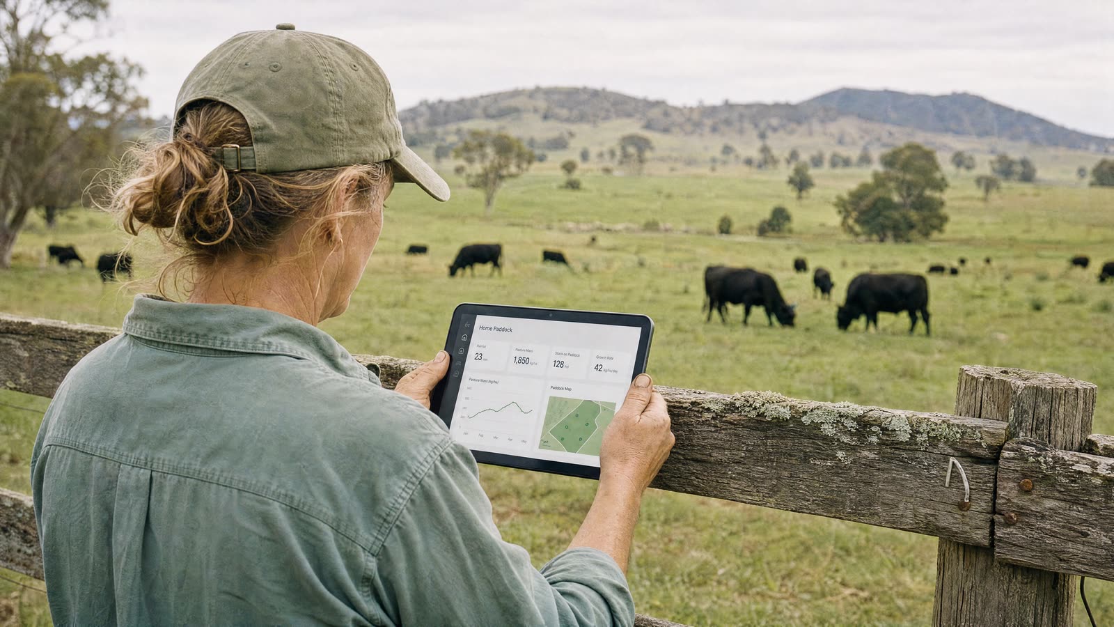 The FarmEye dashboard on a tablet, showing paddock records and a farm map.