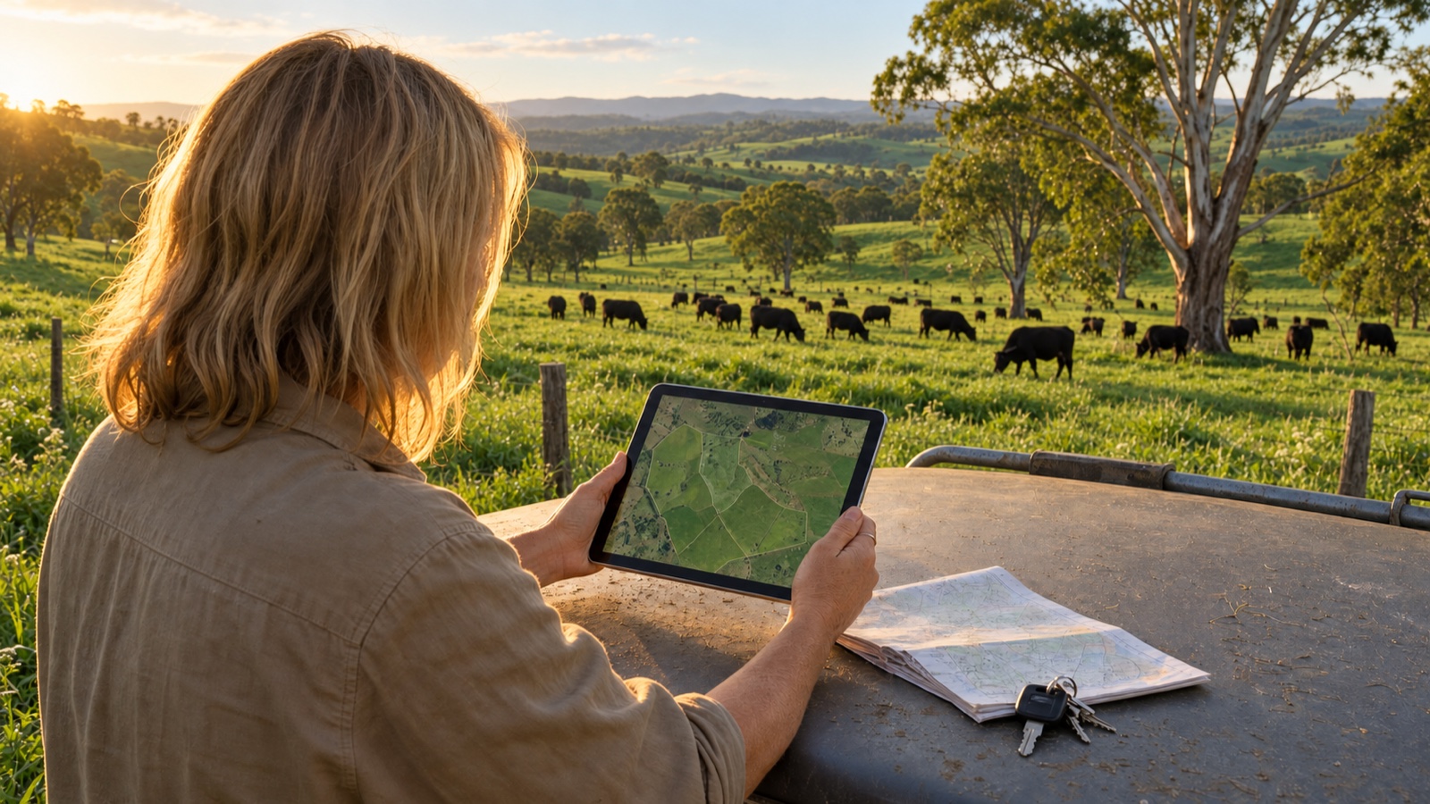 Illustration of a farmer reviewing paddock records on a tablet beside lush green pasture