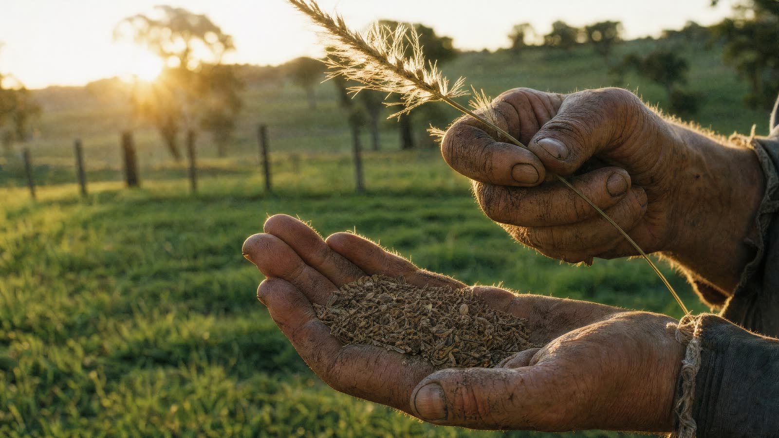 Illustration of a farmer holding grass seeds in warm sunlight
