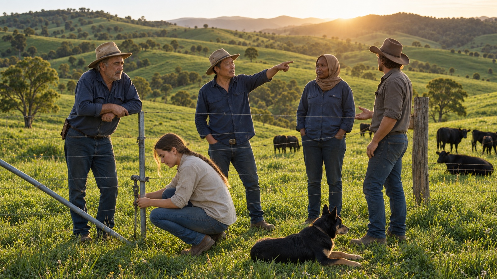 Illustration of farmers talking beside a fence on a lush green farm in warm sunlight