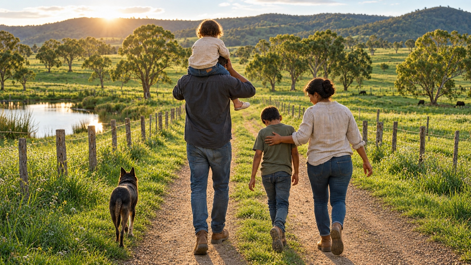Illustration of a family and their dog walking along a lush green farm lane in warm sunlight
