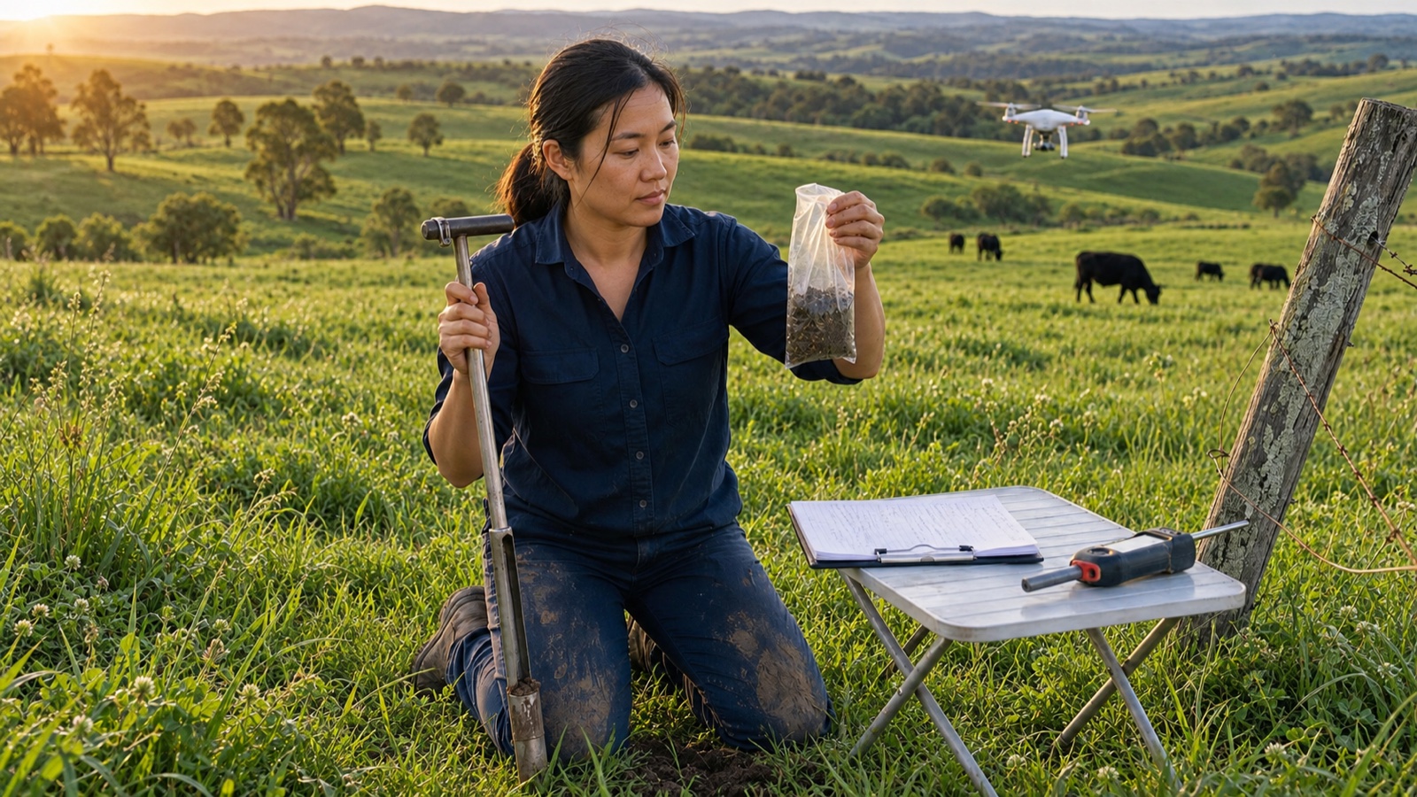 Illustration of soil sampling and drone surveying on a lush green farm