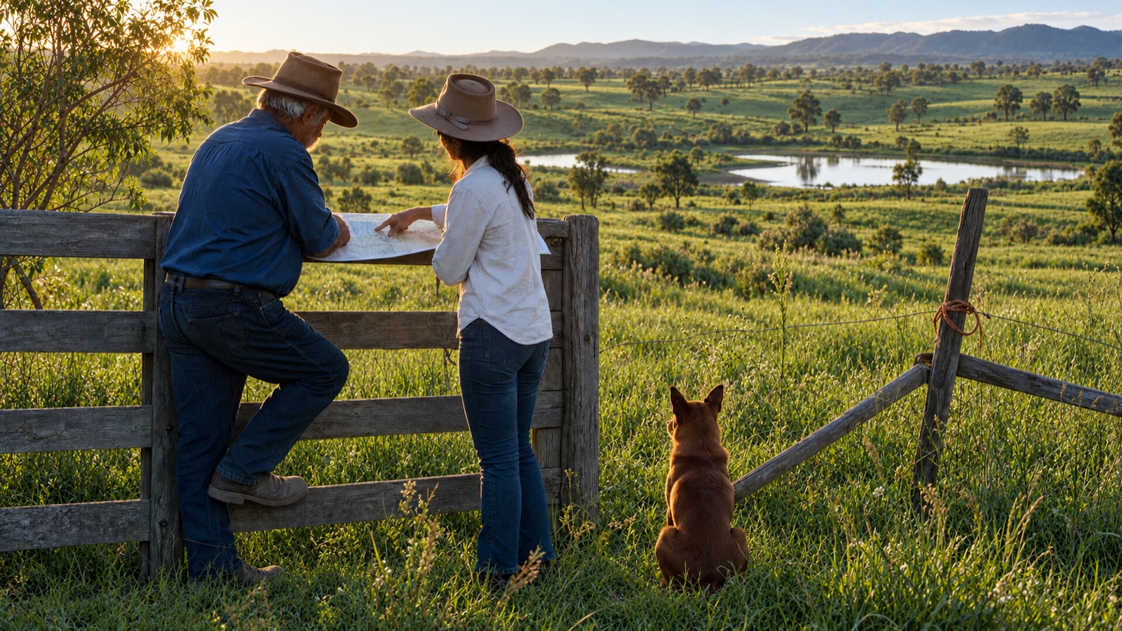 Illustration of two farmers reviewing a map at a gate overlooking lush green pasture, with their farm dog
